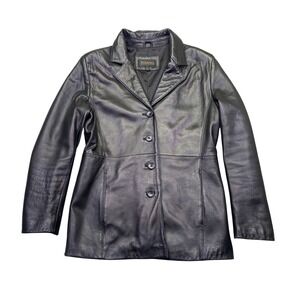 Michael Lawrence Black Genuine‎ Leather Blazer Jacket Womens Large 4 Button Coat
